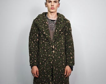 Grüner Fleece-Leoparden-Graben, lange Jacke mit Teddy-Animal-Print, lebendiger Festival-Mantel, mutige Statement-Kleidung