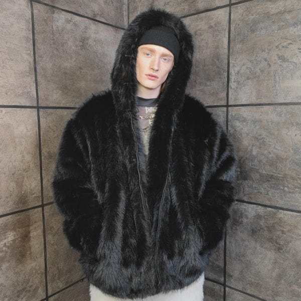 Black faux fur hooded bomber edgy fluffy jacket gothic coat fuzzy high fashion detachable sleeve Playa  festival overcoat Burner rave fleece