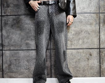 Rhinestone embellished jeans black washed out sparkle pants diamante denim trousers grunge festival outfit Y2K aesthetic party clothing