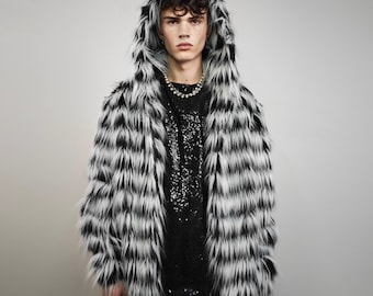 Striped Shaggy Faux Fur Jacket, Black White Hooded Zebra Coat, Fluffy Grunge Bomber, Gothic Fleece, Rave Hood, Festival Burner Playa Outwear