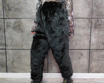 Black faux fur trousers edgy fluffy joggers gothic pants fuzzy high fashion custom made overalls festival burningman shorts raver fleece set