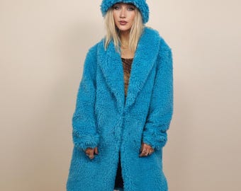 Oversized Fluffy Blue Faux Shearling Coat: Y2K Rave Festival Outerwear