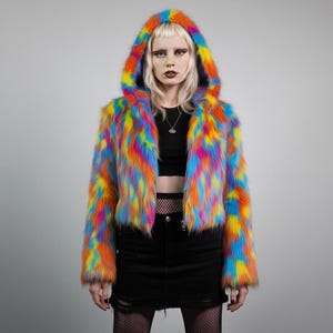Op de afbeelding: Een cropped jas met capuchon van levendig, veelkleurig imitatiebont. De jas heeft een regenboog aan kleuren, waaronder blauw, oranje, geel en roze. De capuchon en mouwen zijn volledig bedekt met het kleurrijke bont.