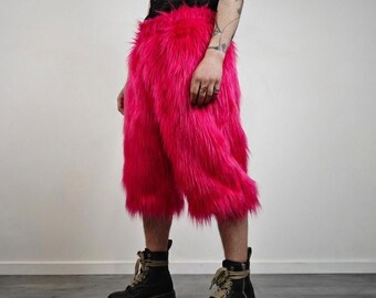 Neon Pink Faux Fur Shorts, Bright Shaggy Bottoms, Rave Festival