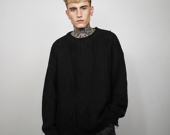 Schwarzer zerrissener Strickpullover, Zerrissener Grunge Pullover, Oversized Rockstar Punk Strickpullover, Cyber Goth Streetwear, Y2K Alt Pullover