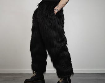 Black Faux Fur Joggers, Shaggy Rave Pants, Fluffy Burner Bottoms