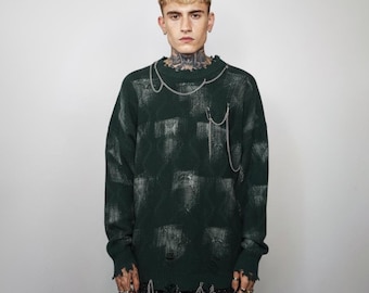 Washed Green Ripped Distressed Sweater, Grunge Textured Knit Jumper, Oversize Abstract Chain Pattern Pullover, Unisex Alt Streetwear