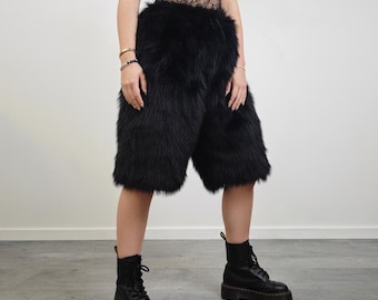 Black Faux Fur Shorts, Burner Festival Gear, Playa Trouser Alternative, Raver Fleece Set, Fuzzy Joggers, Edgy High Fashion, Custom Rave Wear