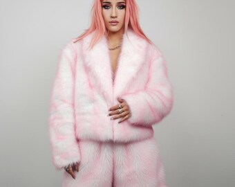 Luminous Pink White Faux Fur Cropped Trench, Candy Two Tone Shaggy