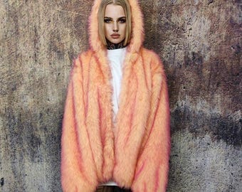 Neon Pink Orange Faux Fur Jacket, Hooded Luminous Extreme Shaggy Rave Coat, Luxe Unisex Statement Outerwear, Fluorescent Bomber
