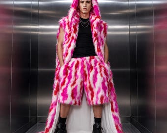 Floor Length Faux Fur Vest, Pink Red White Hooded Cloak, Sleeveless Festival Jacket, Rave Playa Outfit