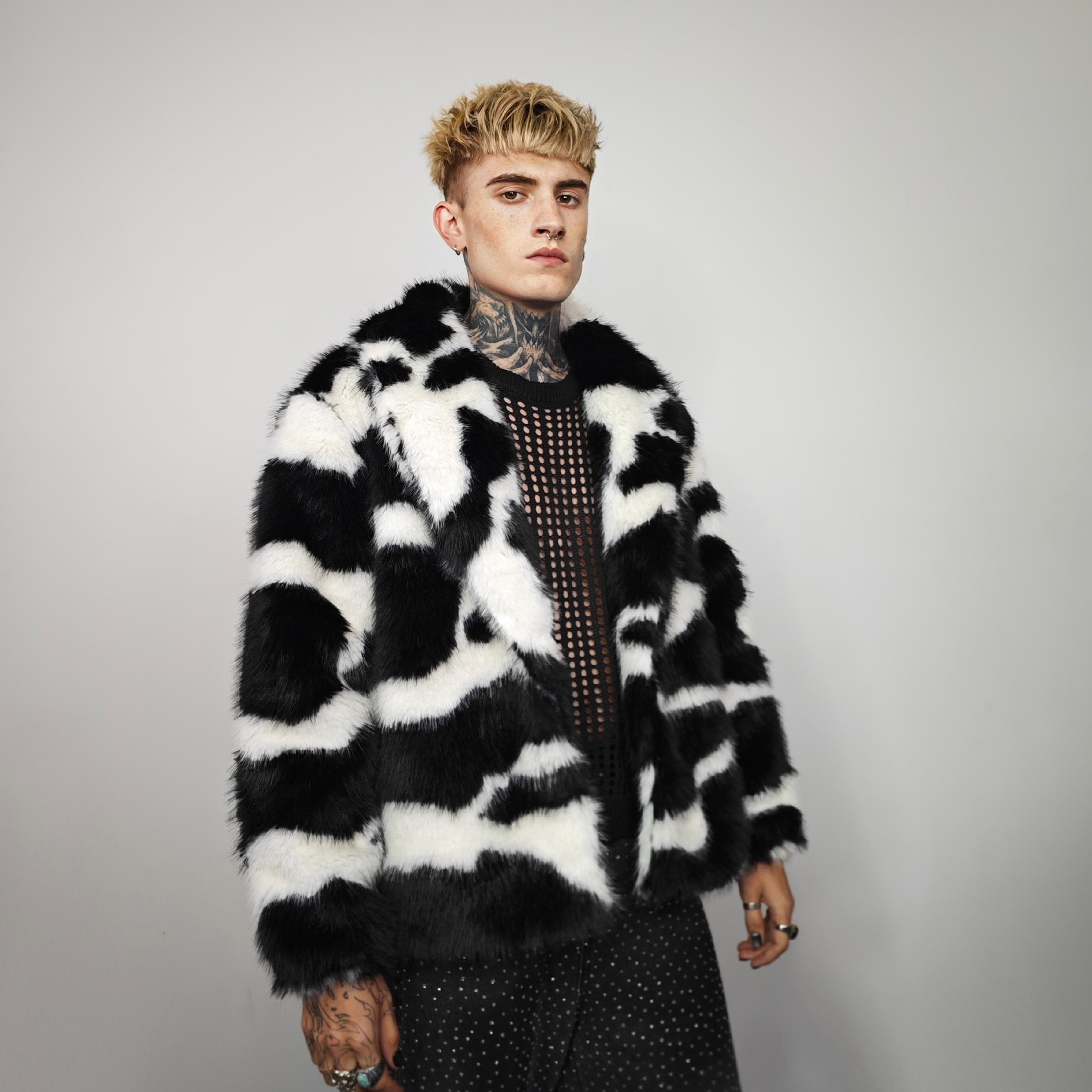 Cow Print Faux Fur Coat Hooded Black White Luxury Fluffy Spot