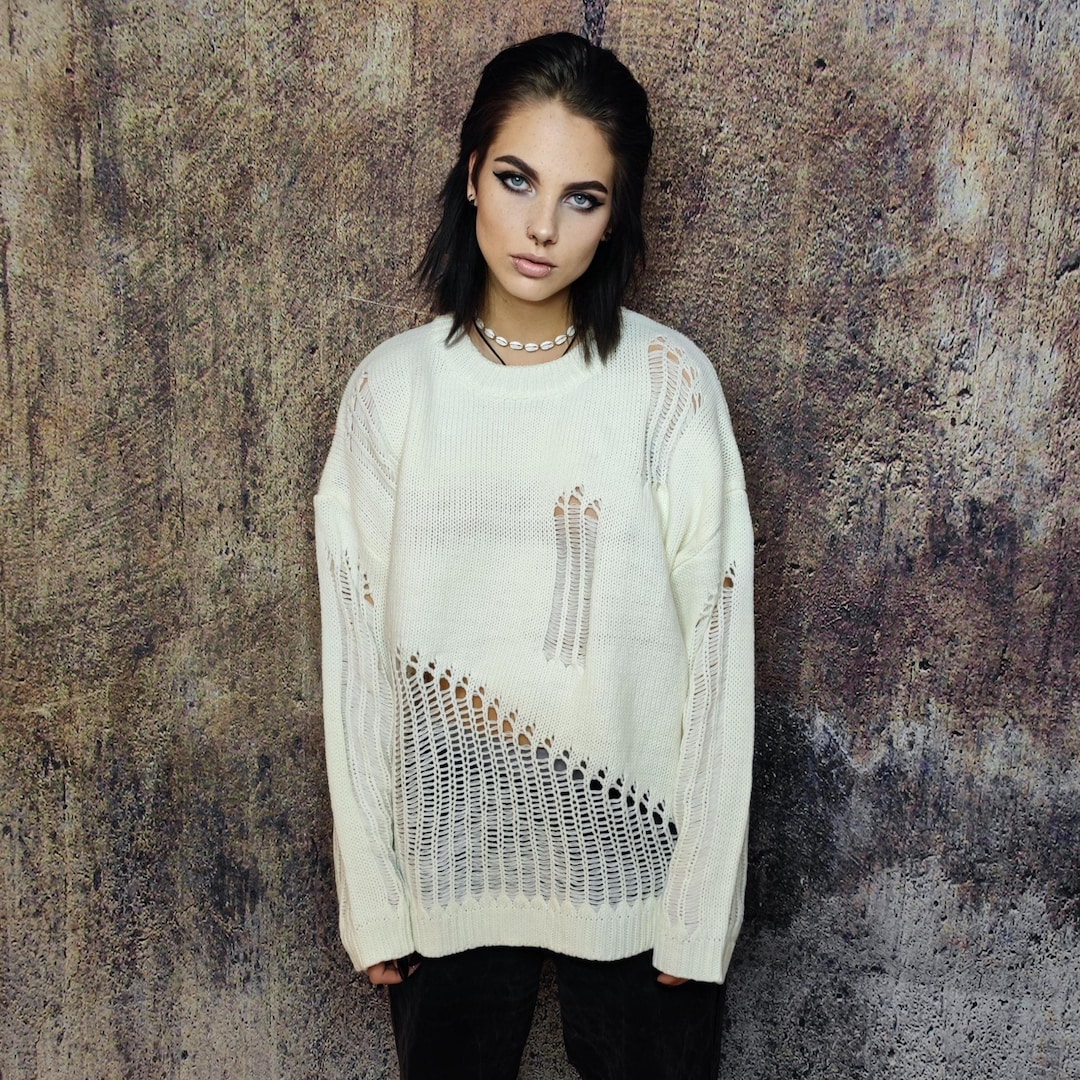 Beige Sheer Ripped Sweater, Transparent Knitted Jumper, See Through ...