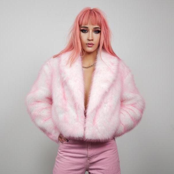 Luminous Pink White Faux Fur Cropped Trench, Candy Two Tone Shaggy