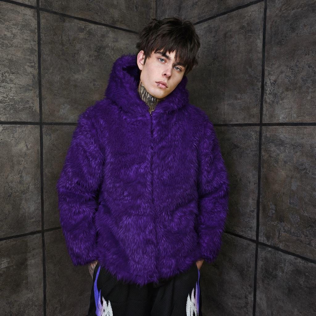 Acid Yellow Shaggy Faux Fur Hoodie, Wet Look Neon Jacket, Grungy