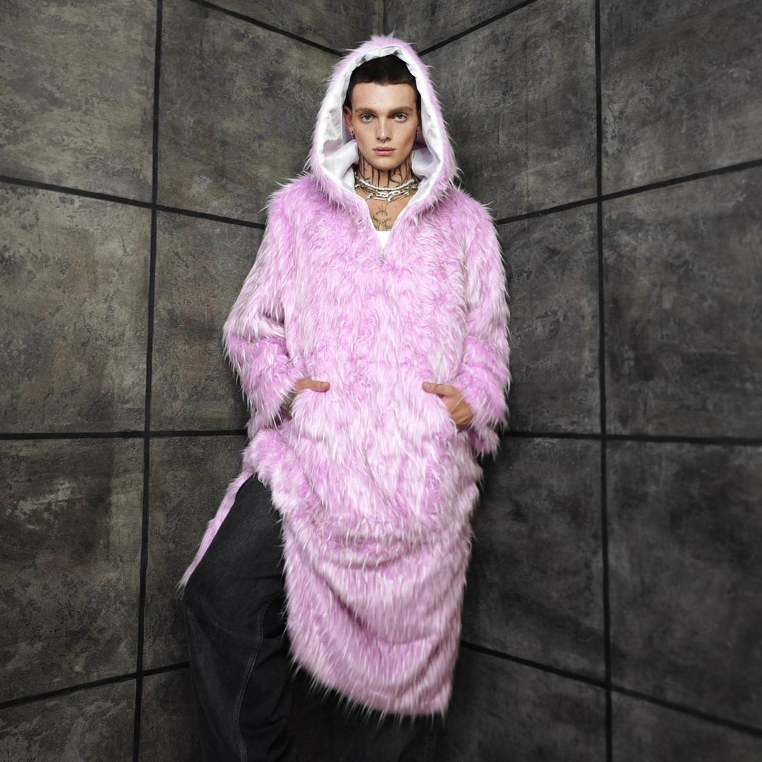 Shaggy Faux Fur Jumpsuit Pink White Oversize Hooded Coat Fluffy