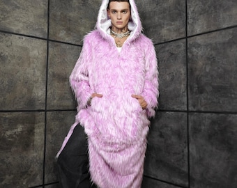 Shaggy Faux Fur Jumpsuit Pink White Oversize Hooded Coat Fluffy