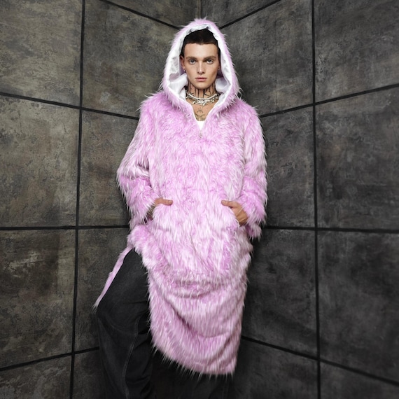 Shaggy Faux Fur Jumpsuit Pink White Oversize Hooded Coat Fluffy