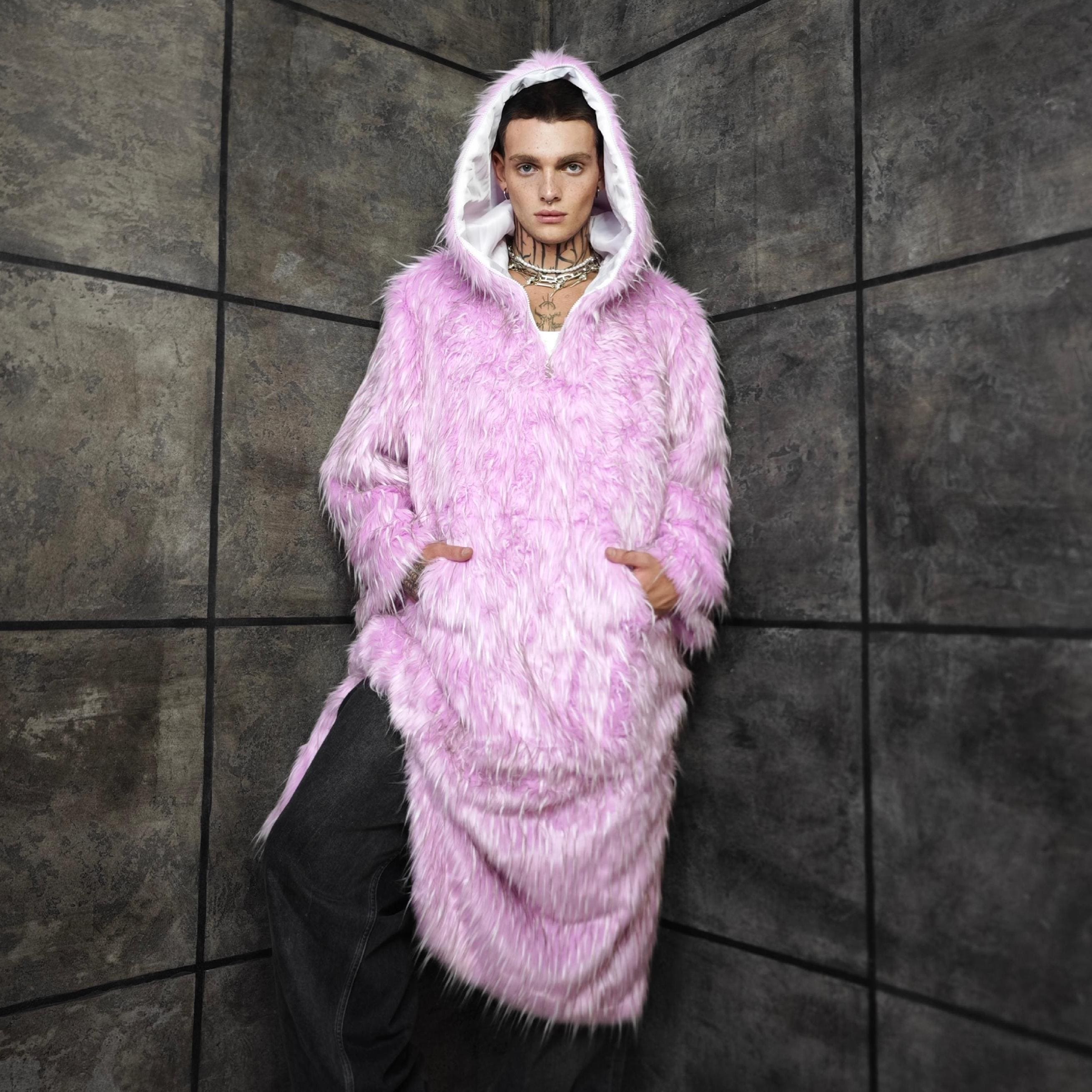 Shaggy Faux Fur Jumpsuit Pink White Oversize Hooded Coat Fluffy