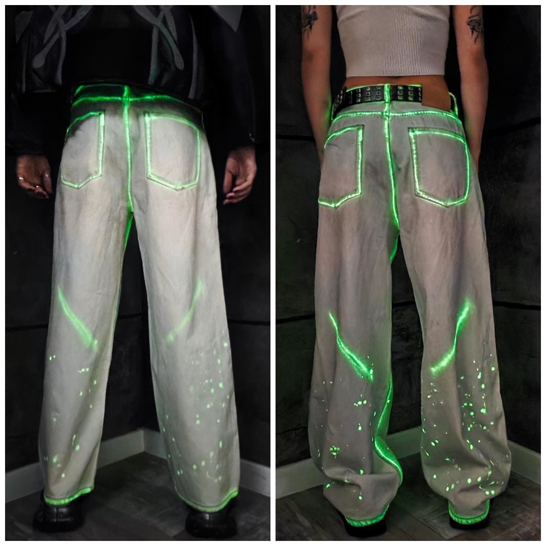Glow in the Dark Jeans Rave Denim Pants Neon Streetwear Cyberpunk