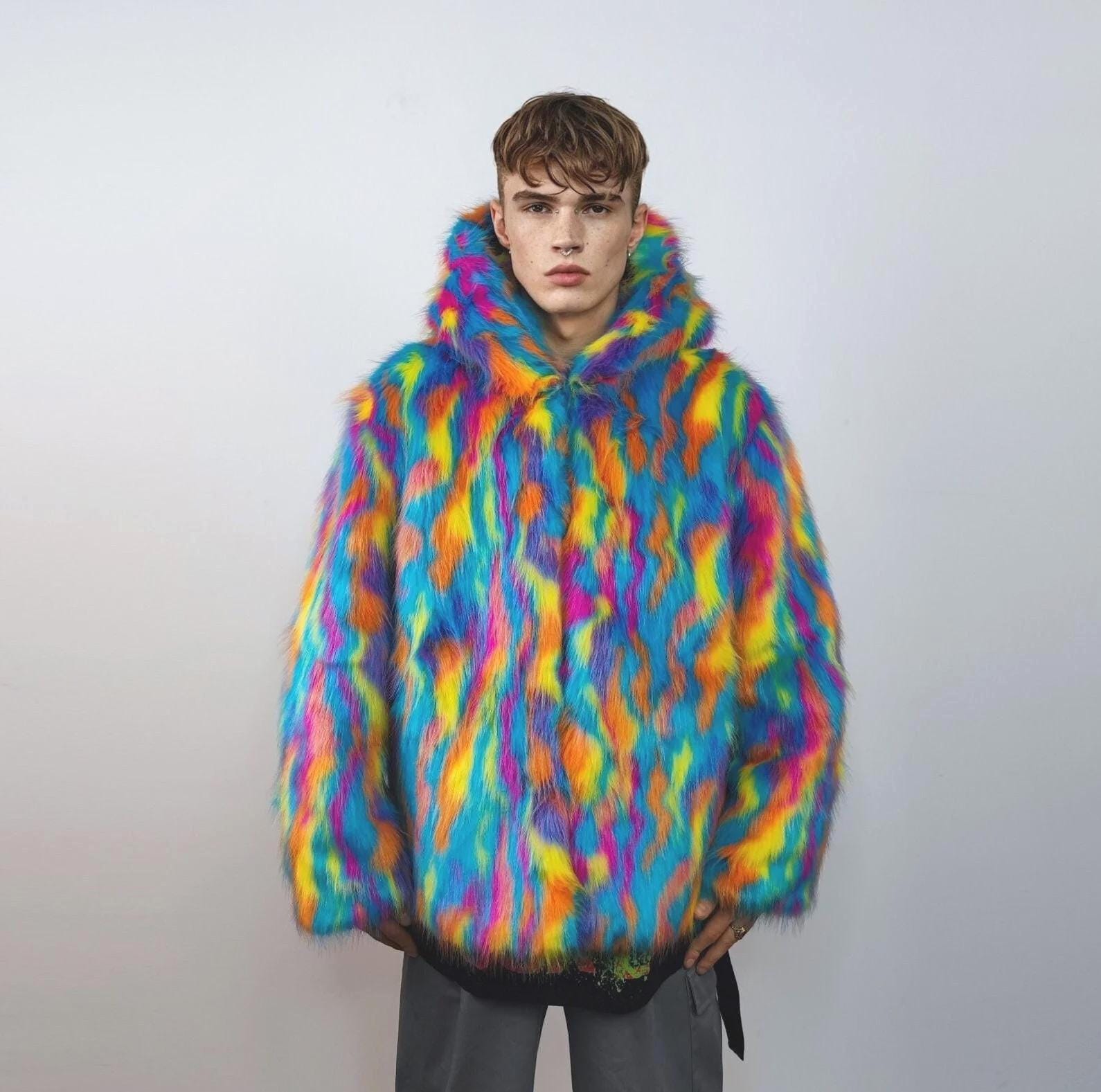 Psychedelic Faux Fur Hoodie, Blue 70s Neon Rave Bomber, Fluffy Tie