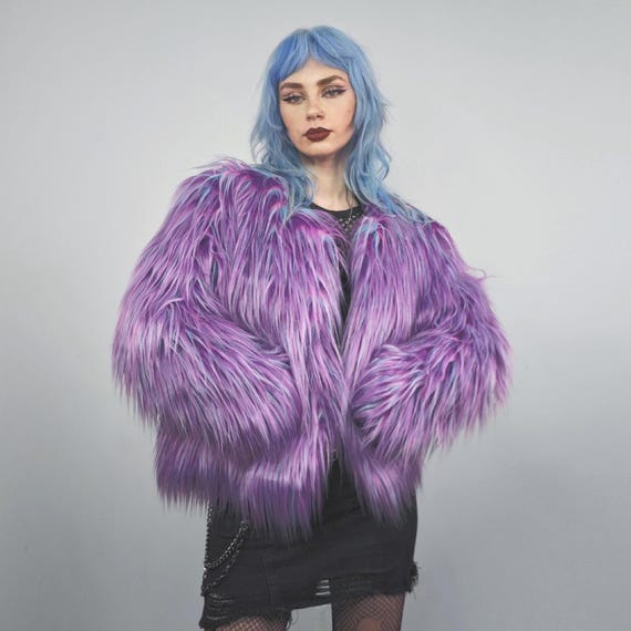 Shaggy Faux Fur Coat, Neon Purple, Lavender Haze Jacket, Y2K Rave
