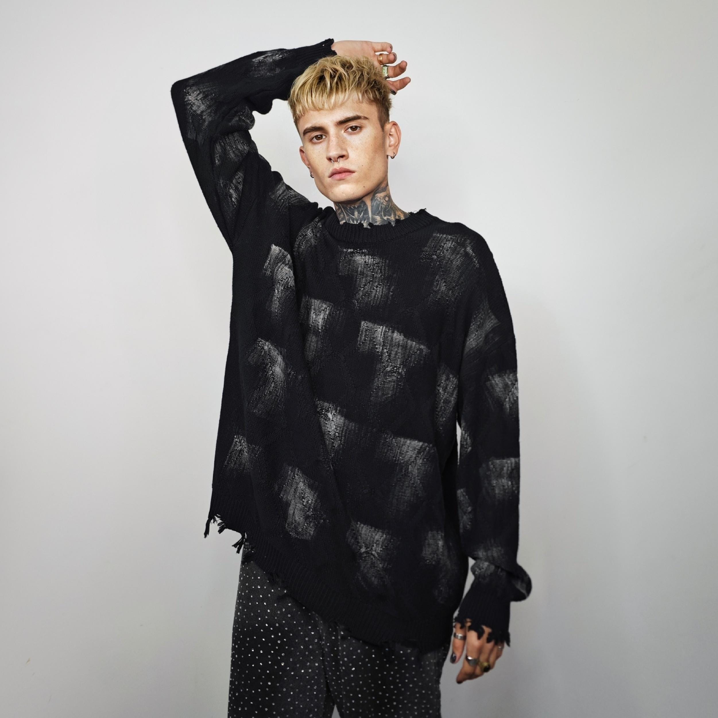 Washed Green Ripped Distressed Sweater, Grunge Textured Knit