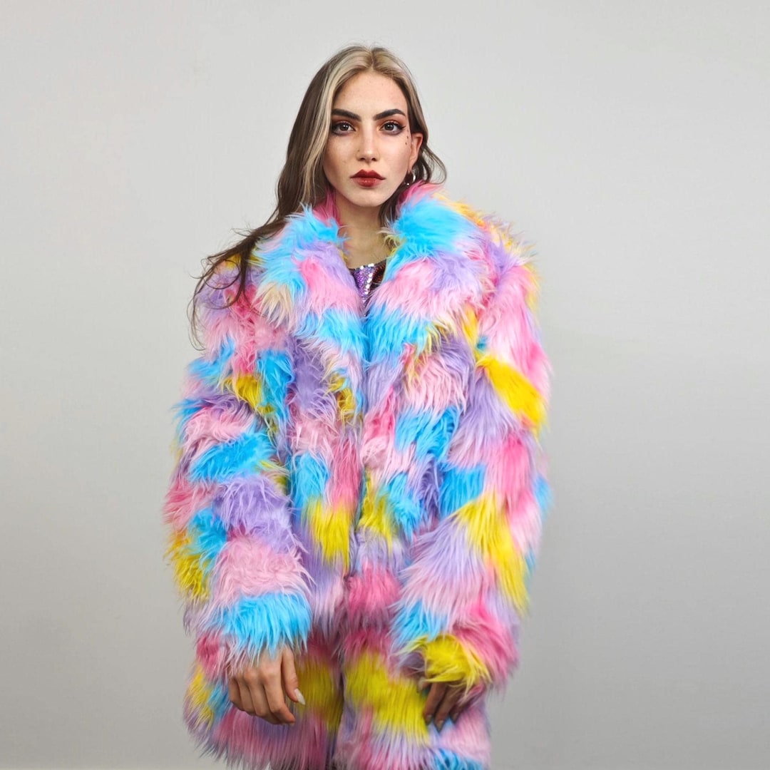 Cropped Rainbow Faux Fur Coat, Marshmallow Plush Festival Trench