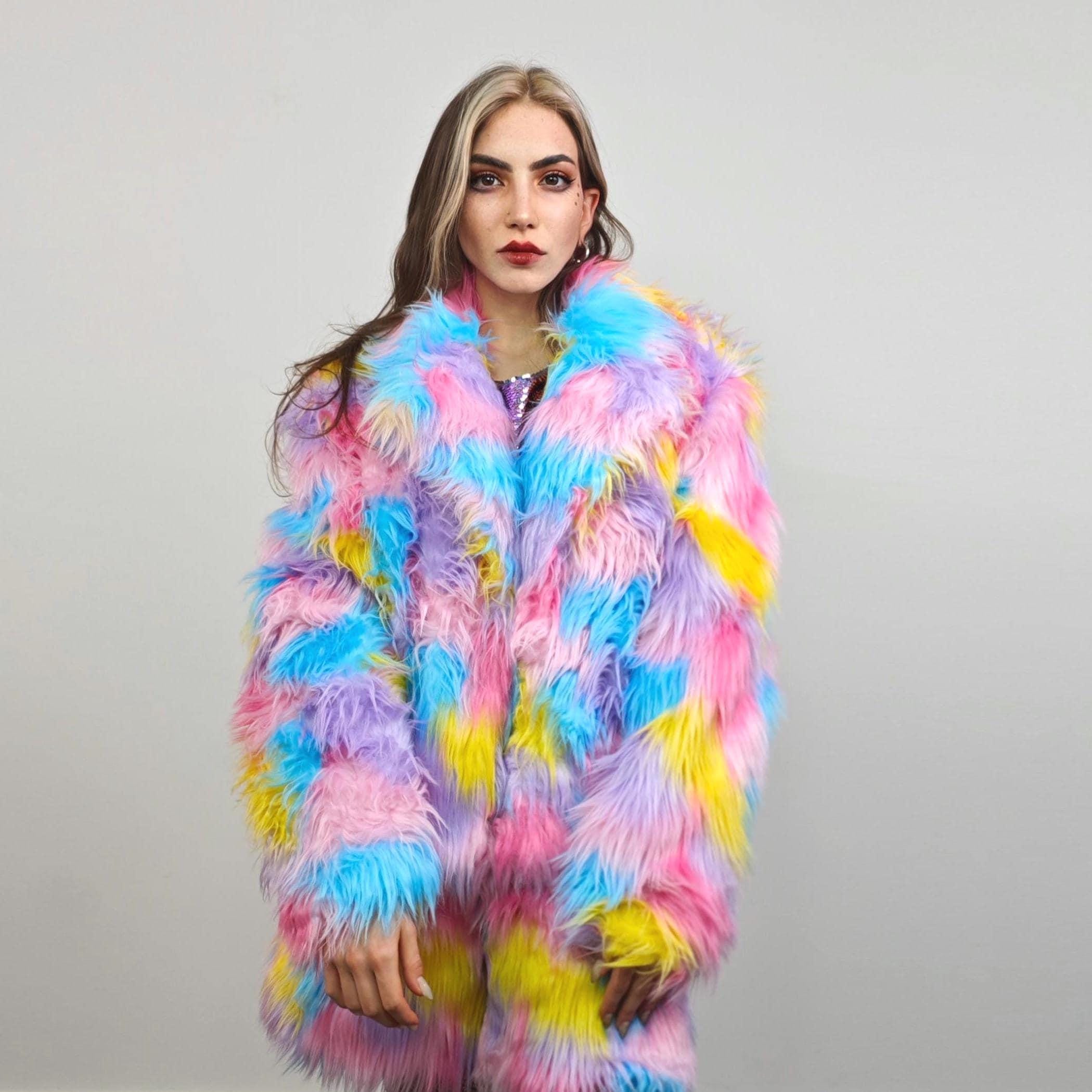 ジャケット・アウター NOTRE emor wave silhouette fluffy coat Cropped Rainbow Faux Fur Coat, Marshmallow Plush Festival Trench