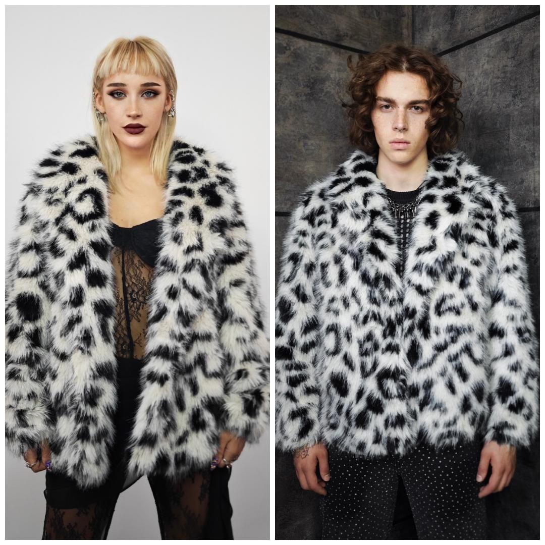 Leopard Faux Fur Coat Hooded White Black Spot Trench Animal Print