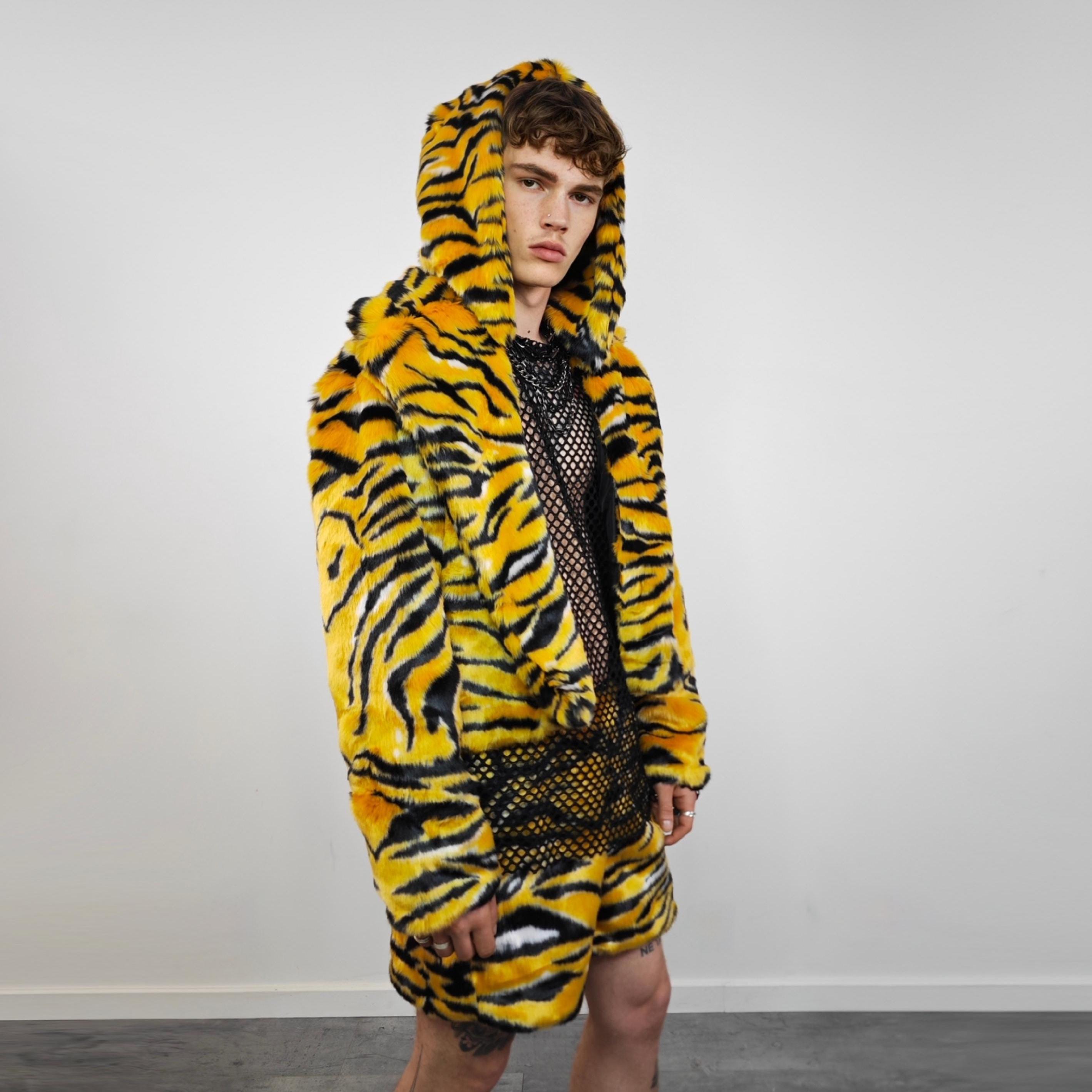 Bengal Tiger Trench Faux Fur Cropped Coat Animal Pattern Burner