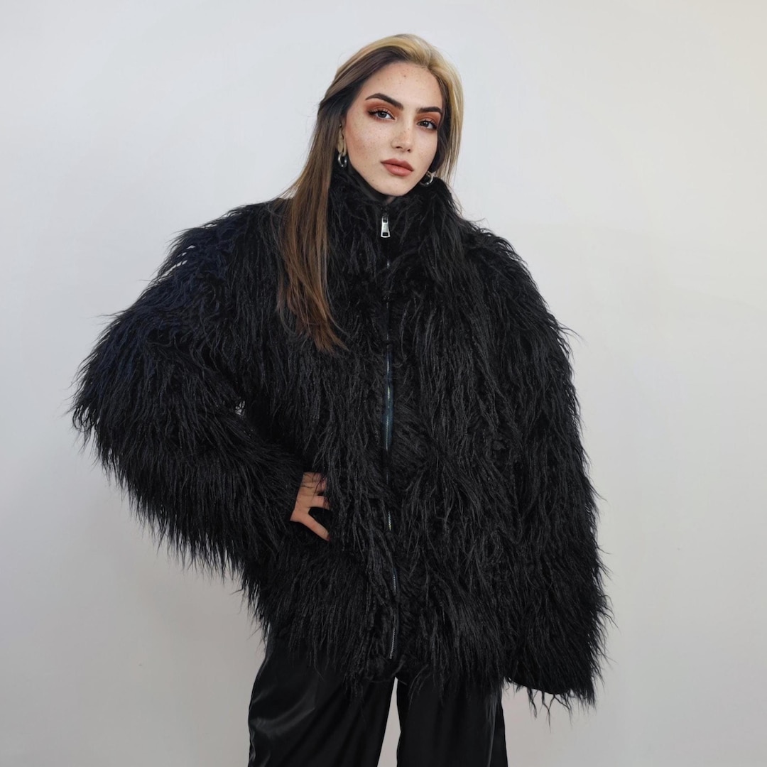 Shaggy Black Faux Fur Jacket - Gothic Rave Party Coat - Etsy