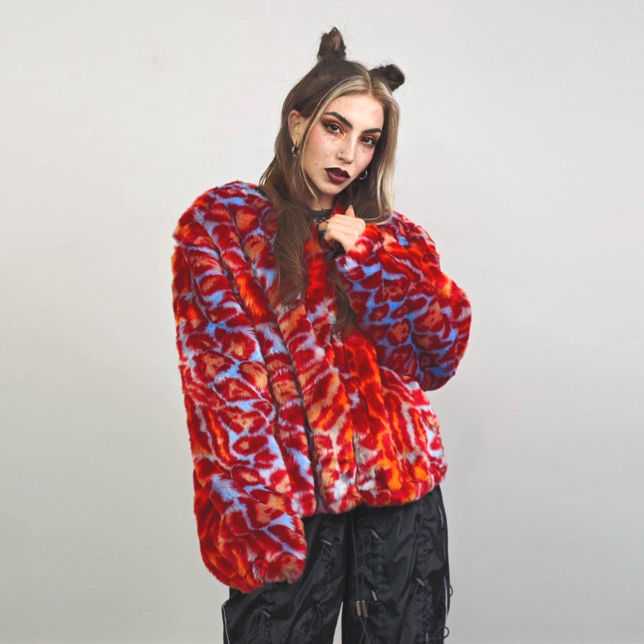 Red Leopard Faux Fur Coat Neon Animal Print Collarless Jacket 90s