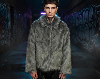 Gray Shaggy Faux Fur Jacket, Oil Wash Coat, Streetwear Urban Outfit, Dark Minimal Outerwear
