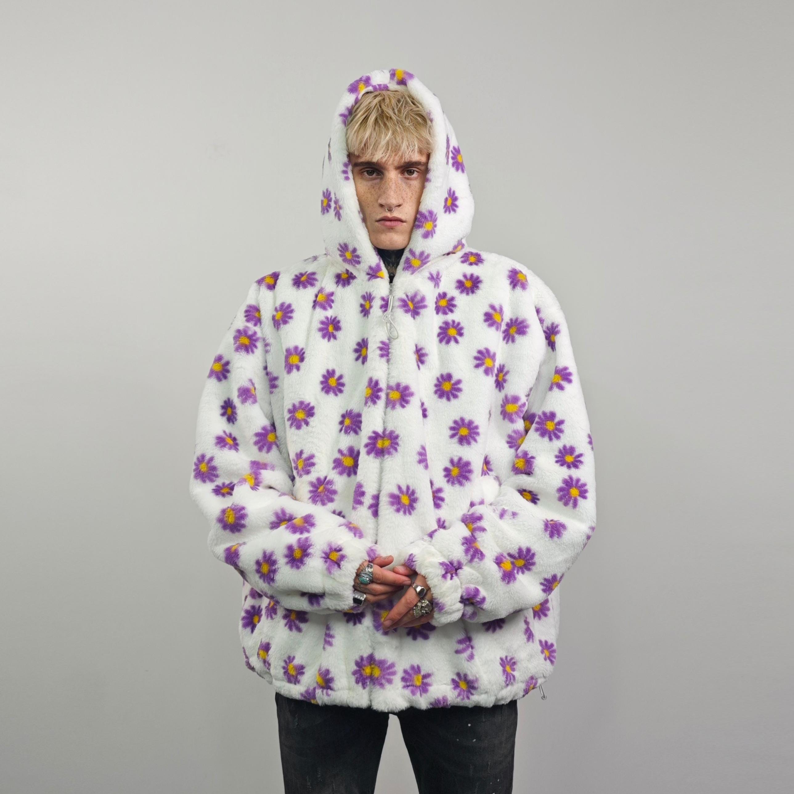 Floral Fleece Jacket White Daisy Print Bomber Fluffy Sunflower