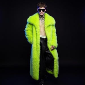 Neon Green Faux Fur Coat, Wide Lapel Trench, Shaggy Floor Length Rave Jacket, Oversized Lime Club Outerwear