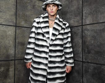 Striped Gradient Faux Fur Trench Coat, Long Black White Jacket