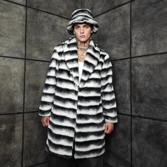 Striped Gradient Faux Fur Trench Coat, Long Black White Jacket