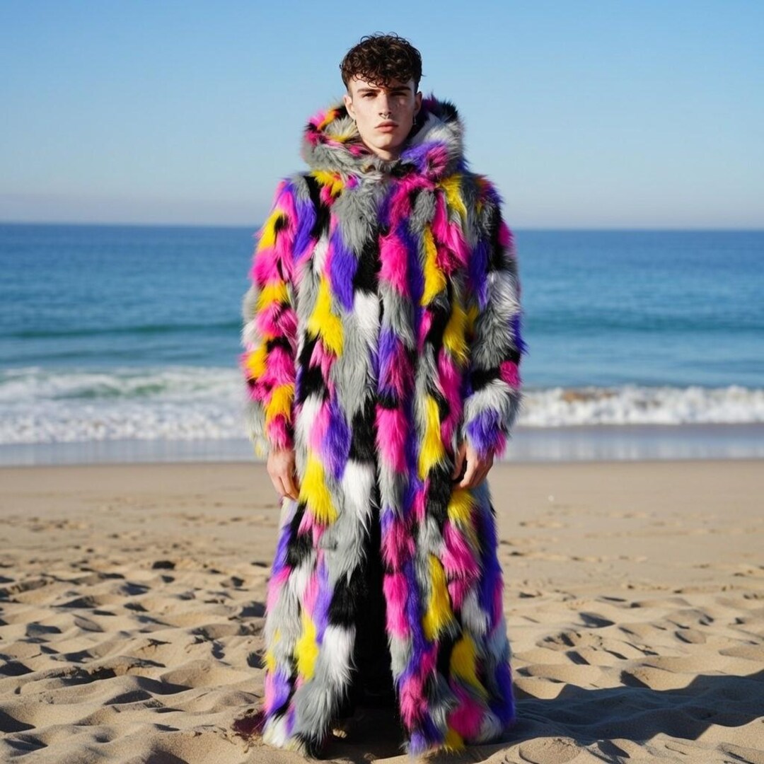 Shaggy Faux Fur Coat, Floor-length Hooded Rave Jacket in Rainbow