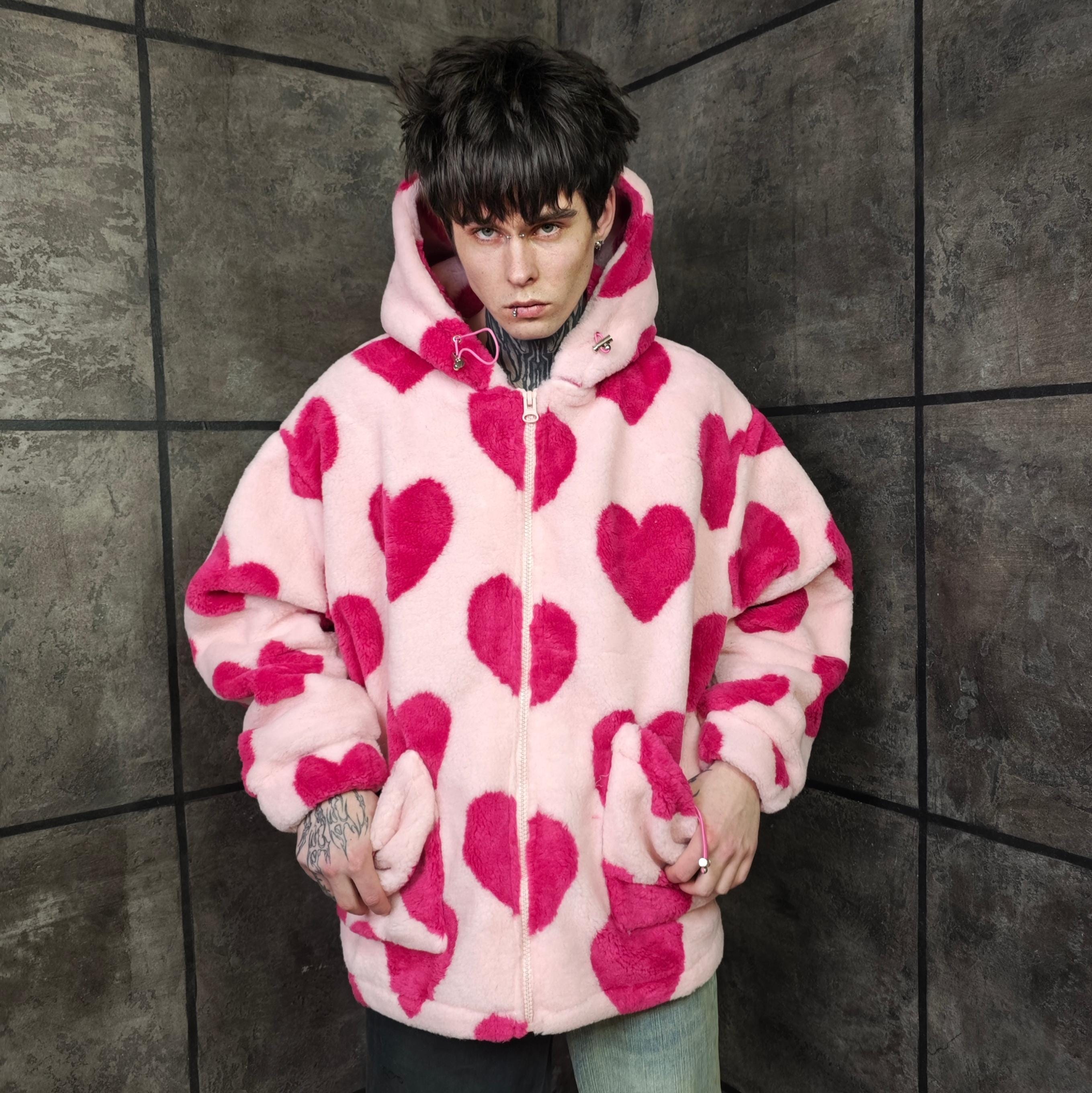 Pink Heart Fleece Jacket, Oversized Mens Hoodie, Harajuku