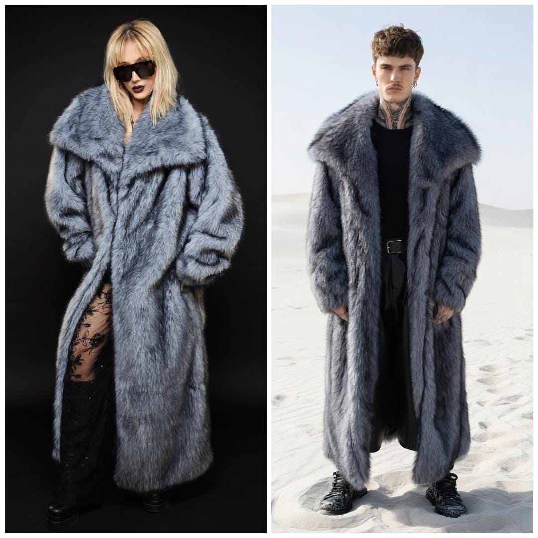 Neon Green Faux Fur Coat, Wide Lapel Trench, Shaggy Floor Length Neon Green Faux Fur Coat, Wide Lapel Trench, Shaggy Floor Length