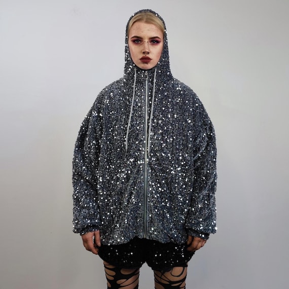 Silver Sequin Hoodie Glitter Pullover Sparkle Jumper Party Top 