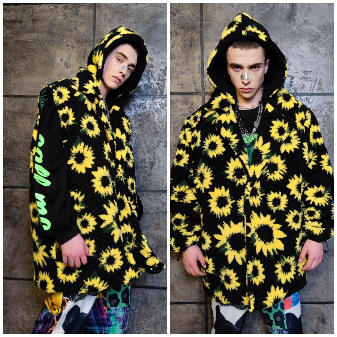 Sunflower Fleece Hooded Jacket Yellow Black Floral Coat Festival
