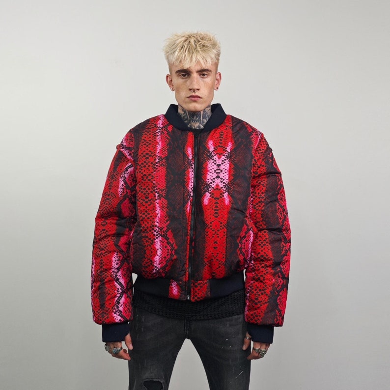 Snake print bomber red python jacket reversible college varsity detachable sleeves handmade grunge rocker coat