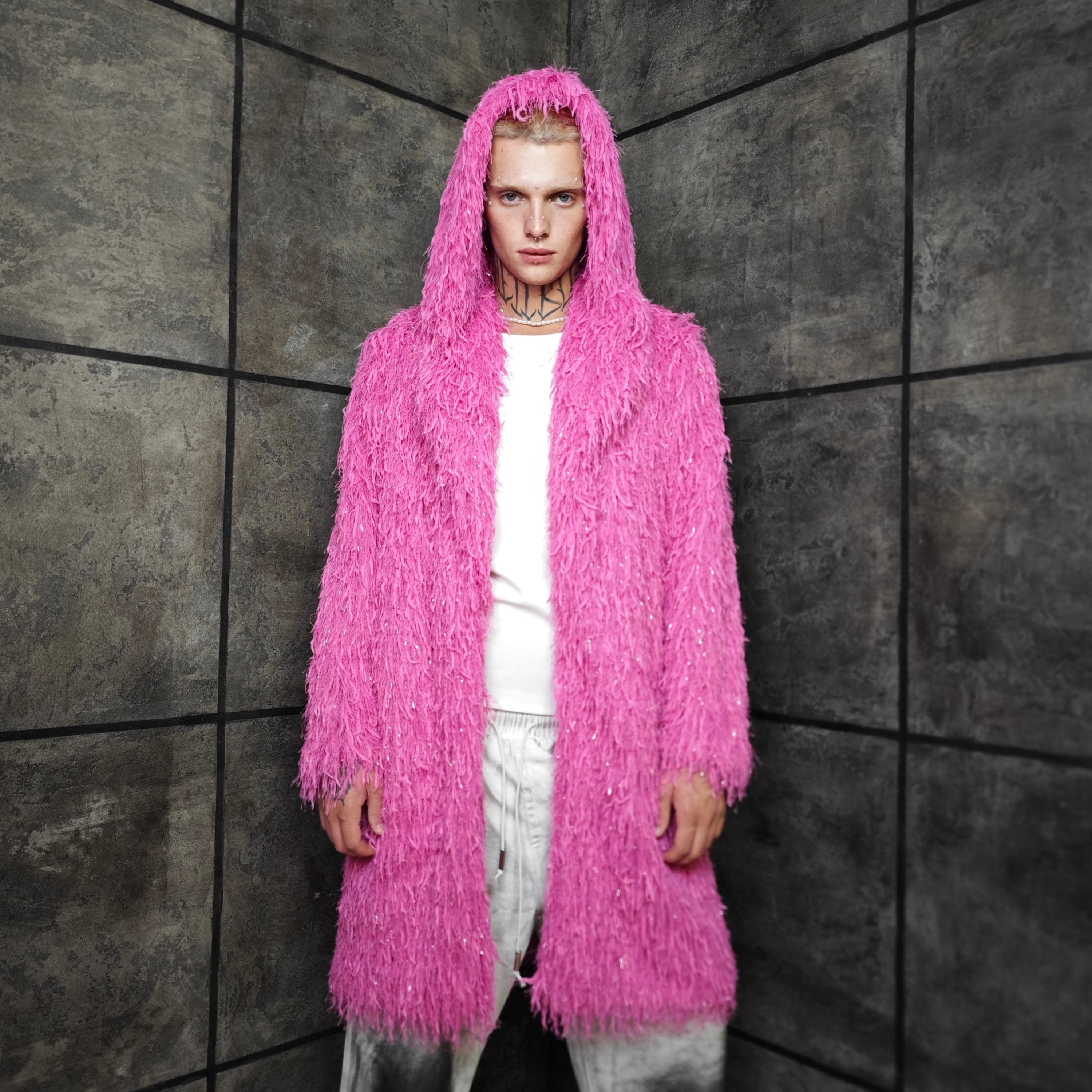 Intense Pink Shaggy Faux Fur Trench Coat, Rave Festival Outerwear