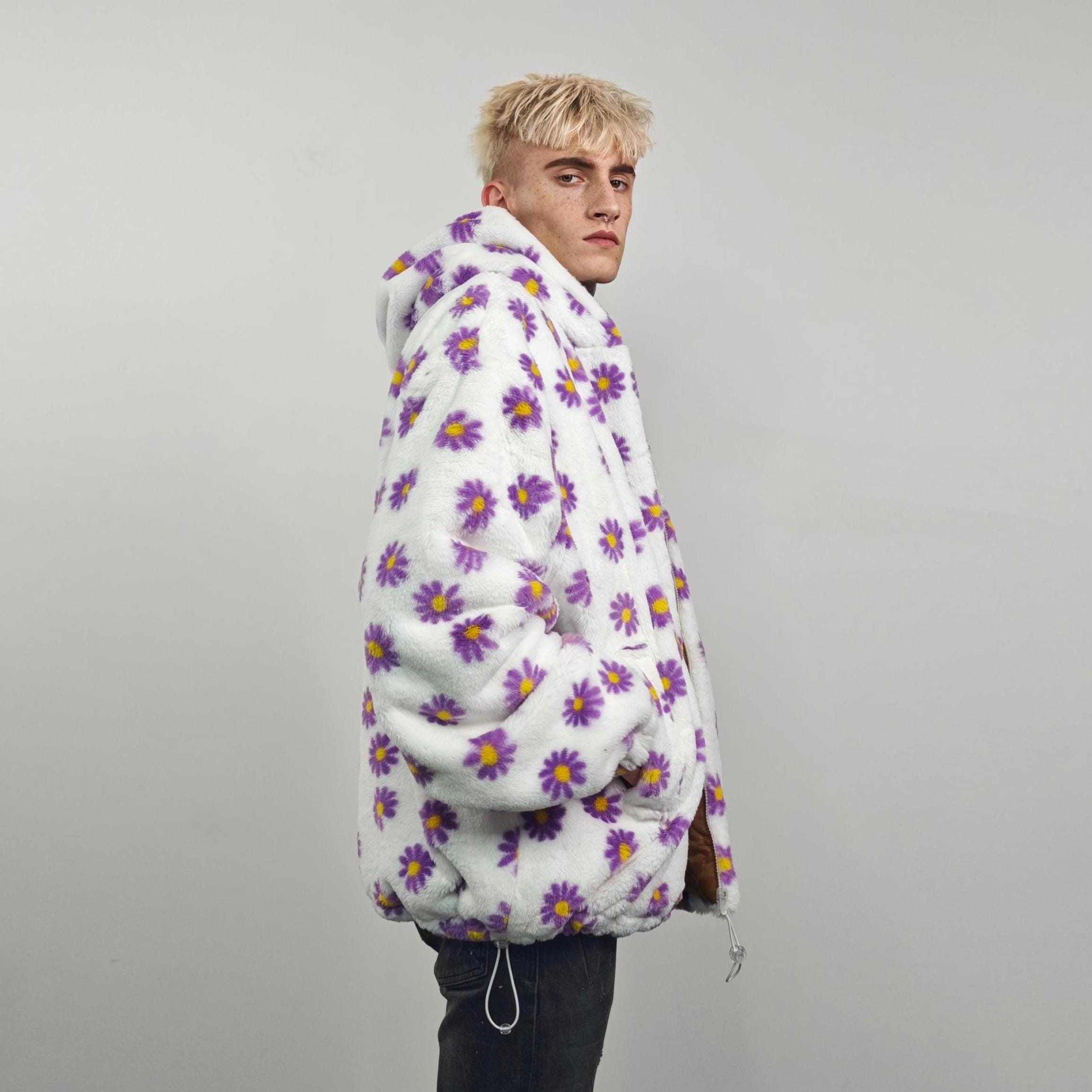 Floral Fleece Jacket White Daisy Print Bomber Fluffy Sunflower