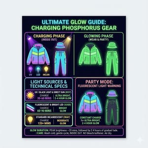 May include: A guide titled "ULTIMATE GLOW GUIDE: CHARGING PHOSPHORUS GEAR" with illustrations of glowing clothing. The guide details charging phases, light sources, and party mode instructions for the gear. Includes text about care instructions.