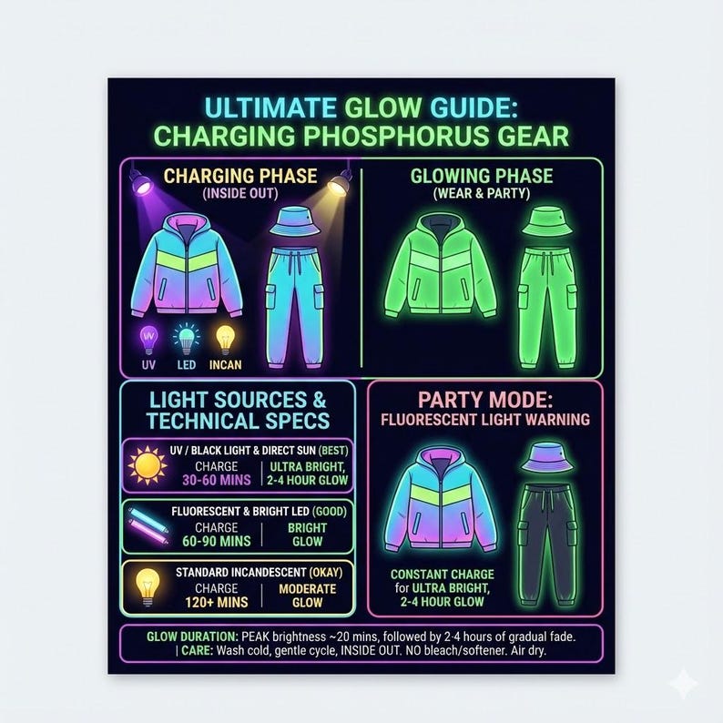 May include: A guide titled "ULTIMATE GLOW GUIDE: CHARGING PHOSPHORUS GEAR" with illustrations of glowing clothing. The guide details charging phases, light sources, and party mode instructions for the gear. Includes text about care instructions.