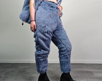 Blue Faux Fur Joggers Ski Pants Shaggy Trousers Mountain