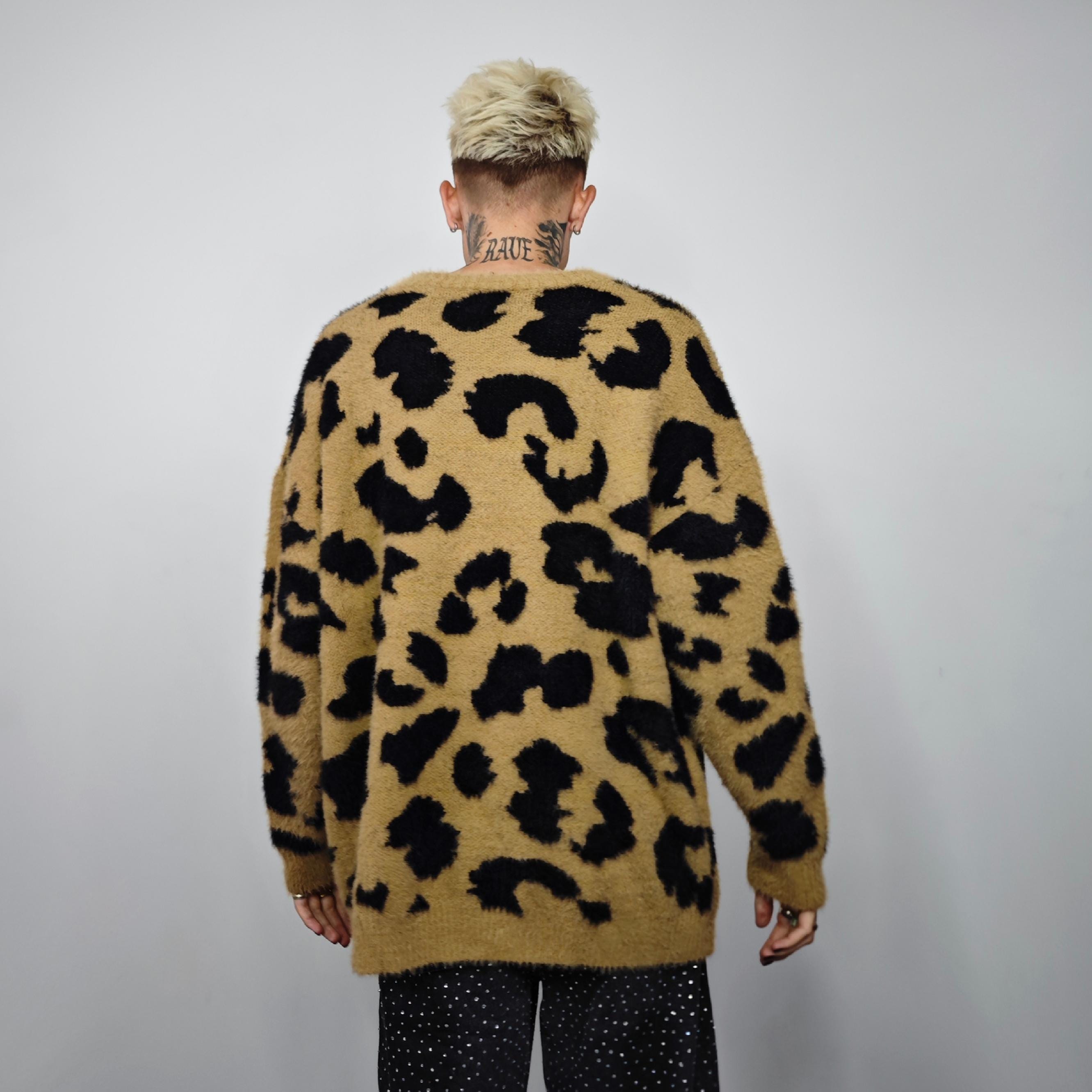Leopard Print Fluffy Sweater Unisex Oversized Gray Black Mohair